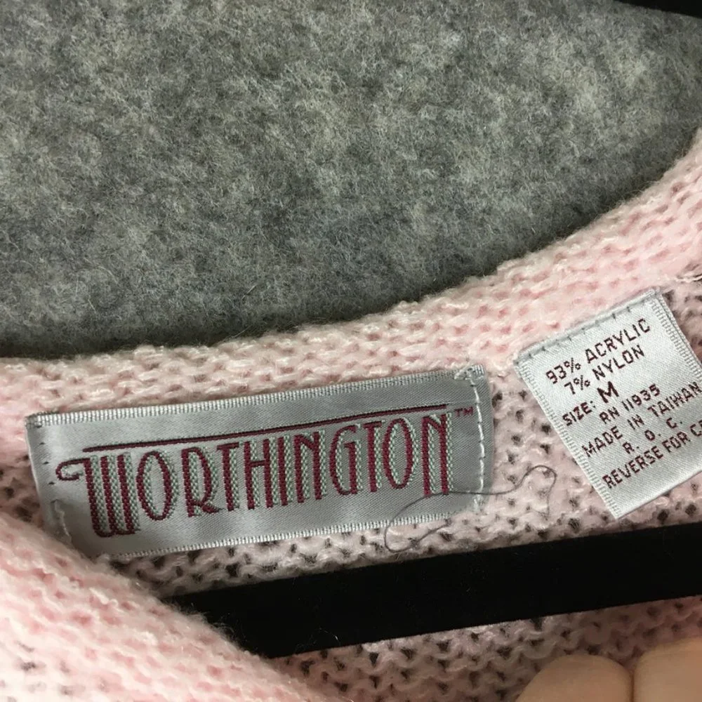 Vintage Grandma Sweater M Pastel Pink Cable Knit Oversized Balloon Sleeve White